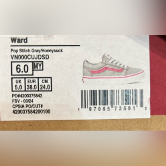 New in Box - Girls Vans Size 6 WARD SNEAKER IN POP STITCH GRAY/HONEYSUCKLE - Picture 9 of 9